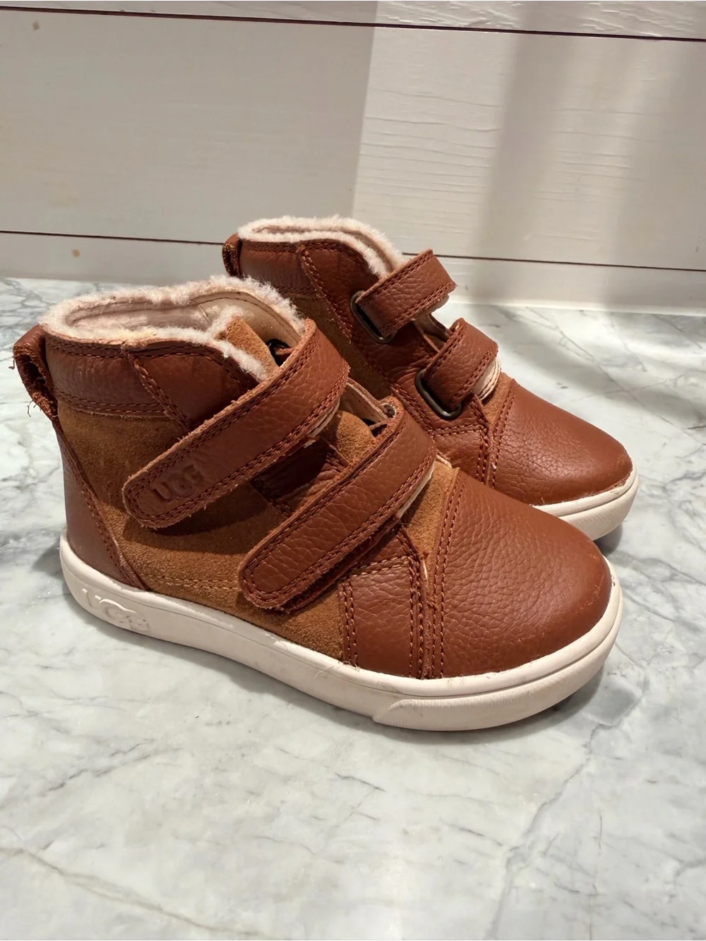 UGG Kids Rennon Chestnut Brown Shearling Velcro Sneaker Boots